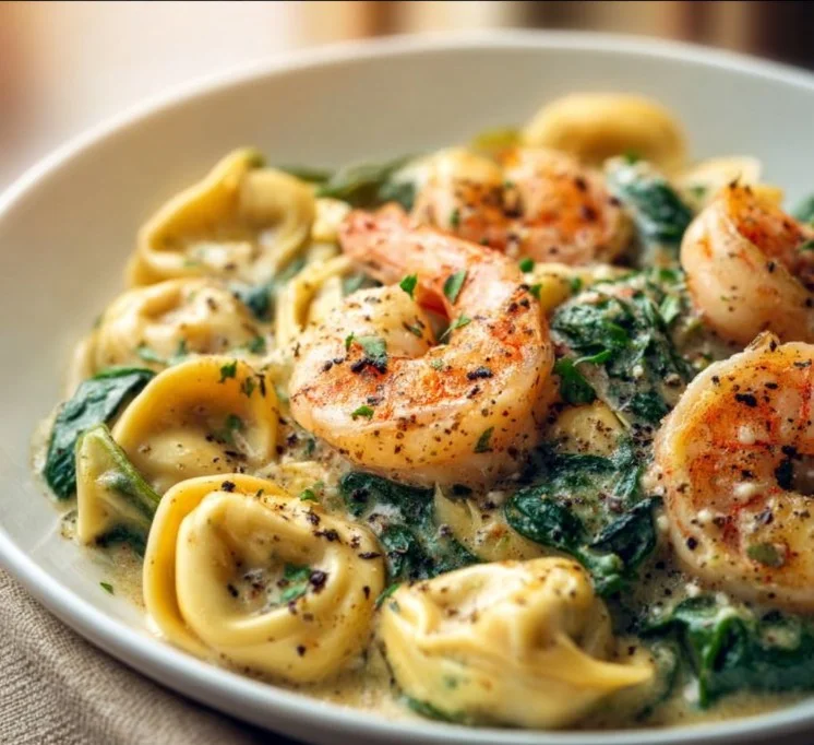 Creamy shrimp and spinach tortellini served in a bowl, garnished with herbs.