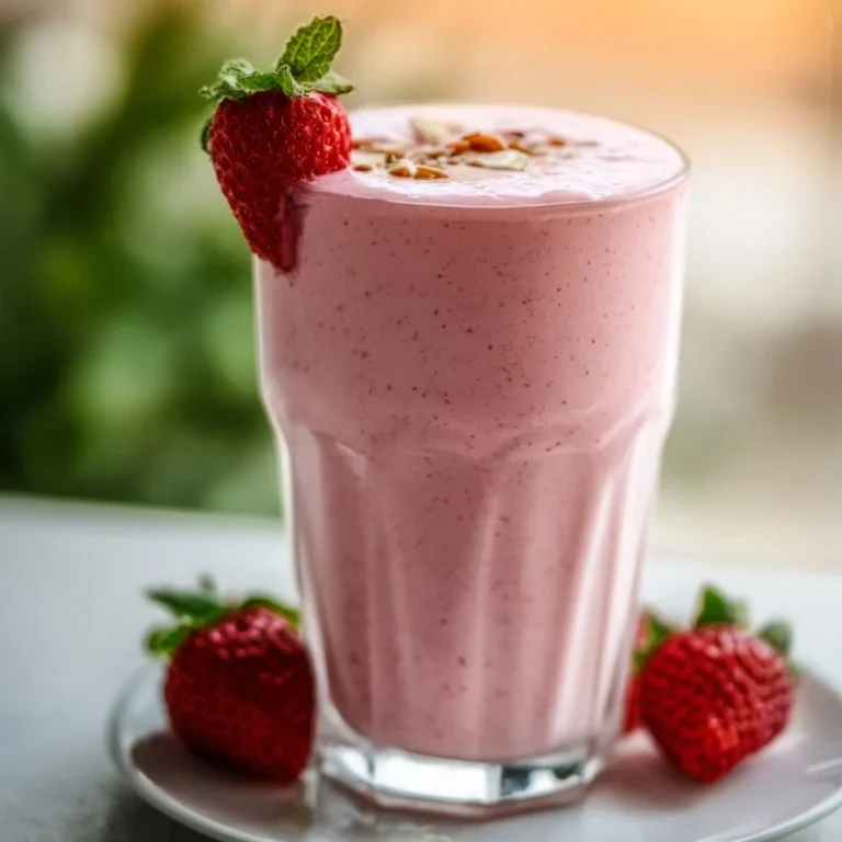 Creamy strawberry smoothie in a glass with fresh strawberries on top