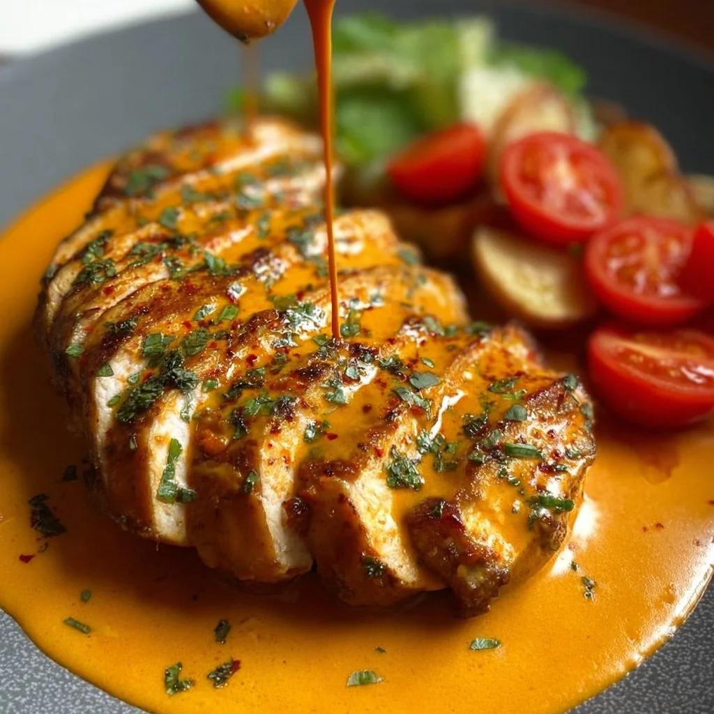 Creamy tomato chicken breast served with fresh herbs on a plate.