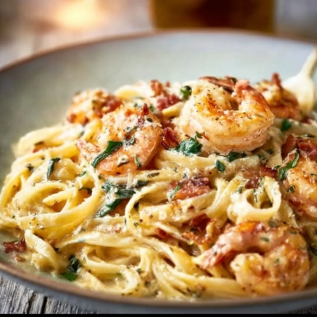 Creamy Tuscan shrimp linguine served with fresh herbs and vegetables