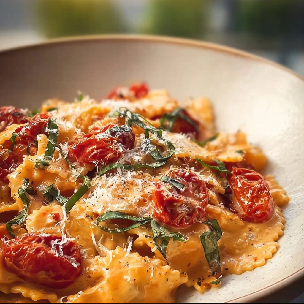 Creamy Tuscan pasta with slow roasted tomatoes garnished with herbs.