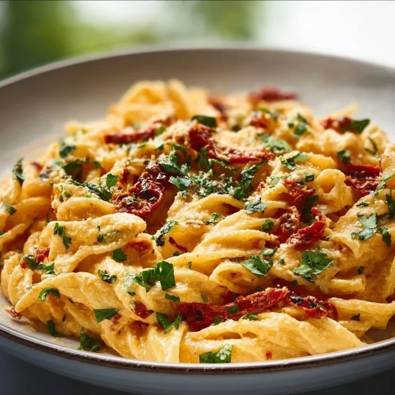 Creamy vegan sun-dried tomato pasta garnished with basil