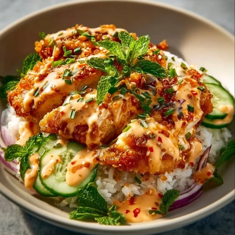 Crispy chicken with creamy spicy sauce served over jasmine rice