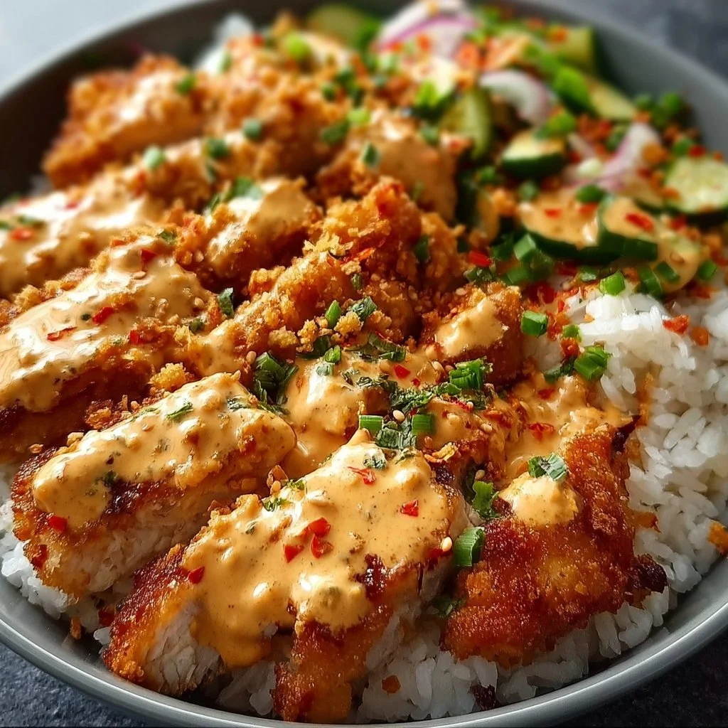 Crispy Chicken with Creamy Spicy Sauce over Jasmine Rice