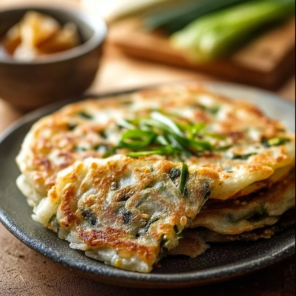Golden crispy Chinese scallion pancakes served with dipping sauce