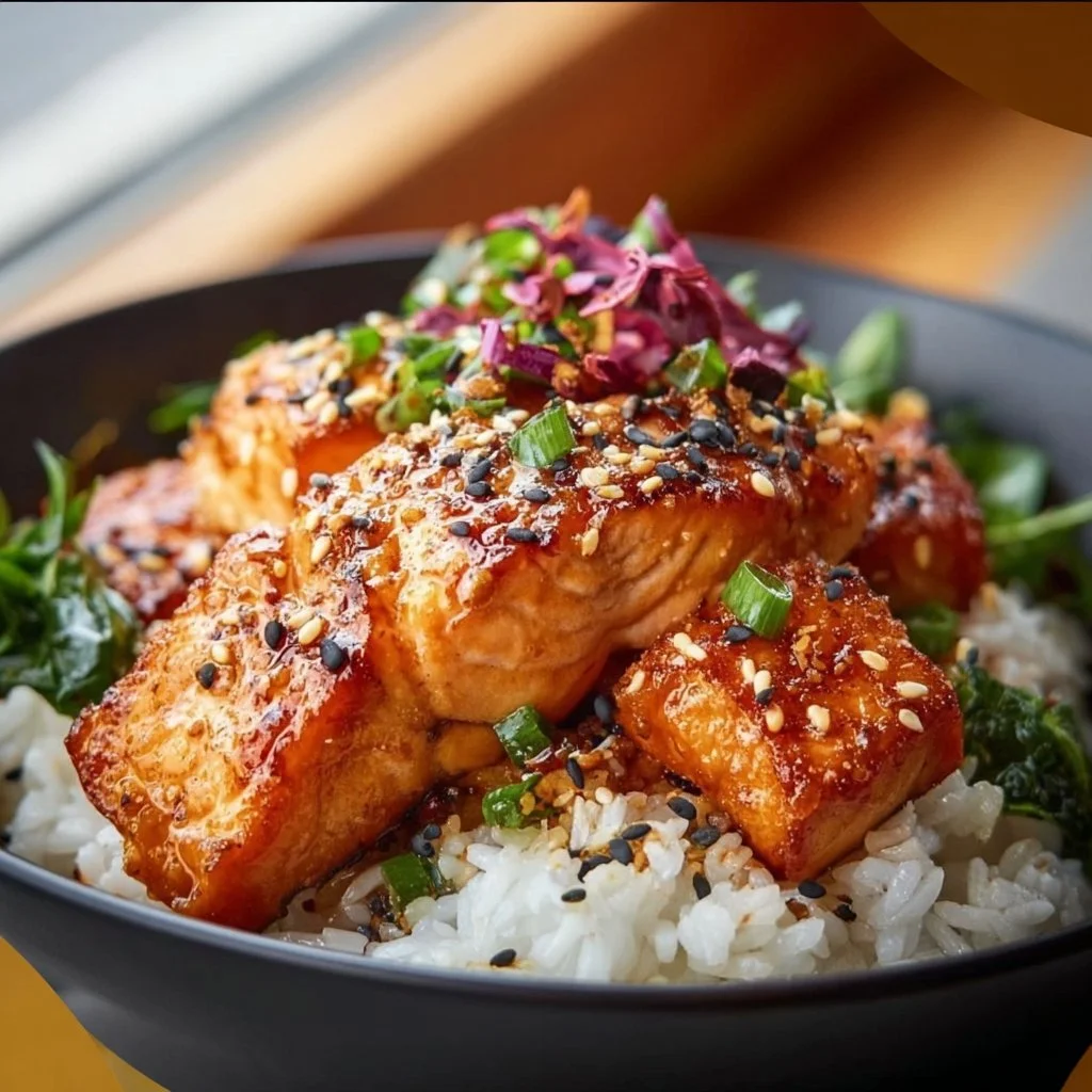 Crispy salmon rice bowl topped with fresh vegetables and a flavorful sauce
