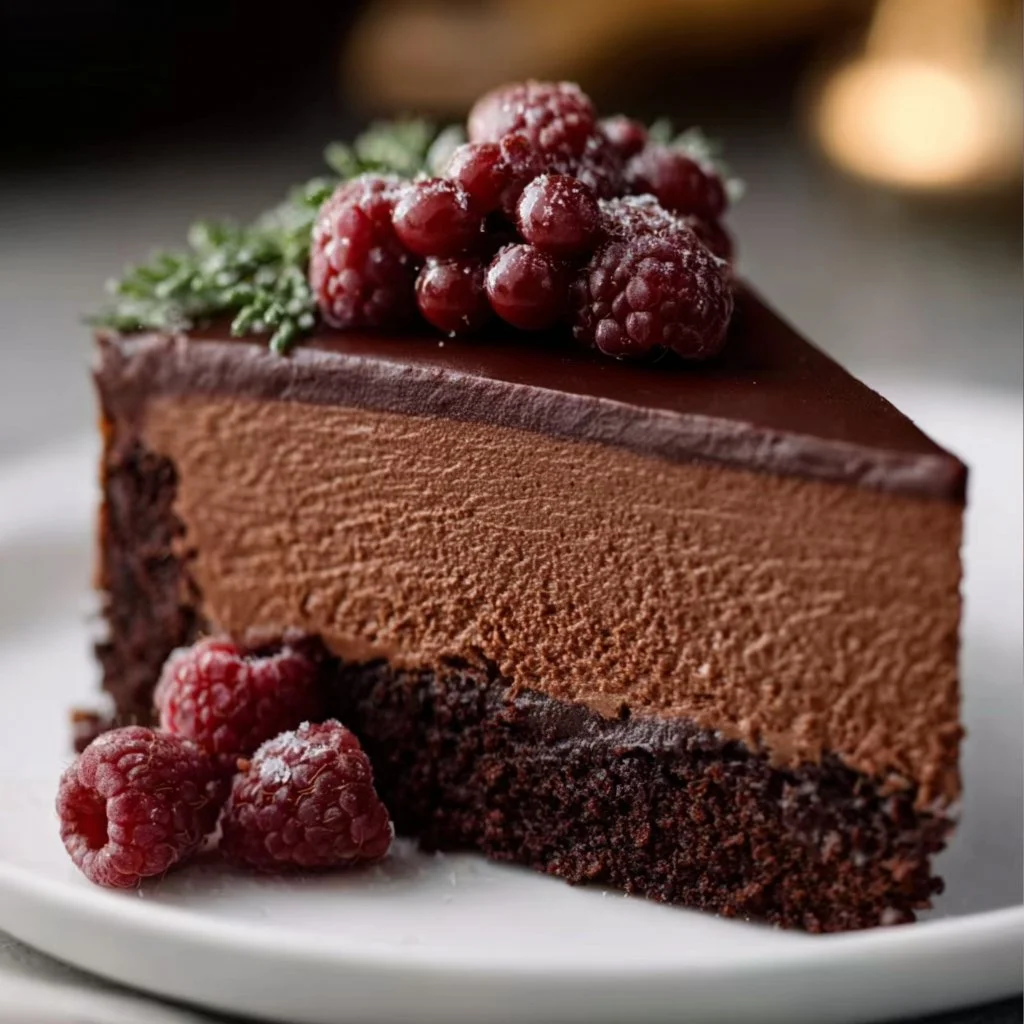 Delicious dark chocolate mousse cake served with fresh berries and chocolate shavings