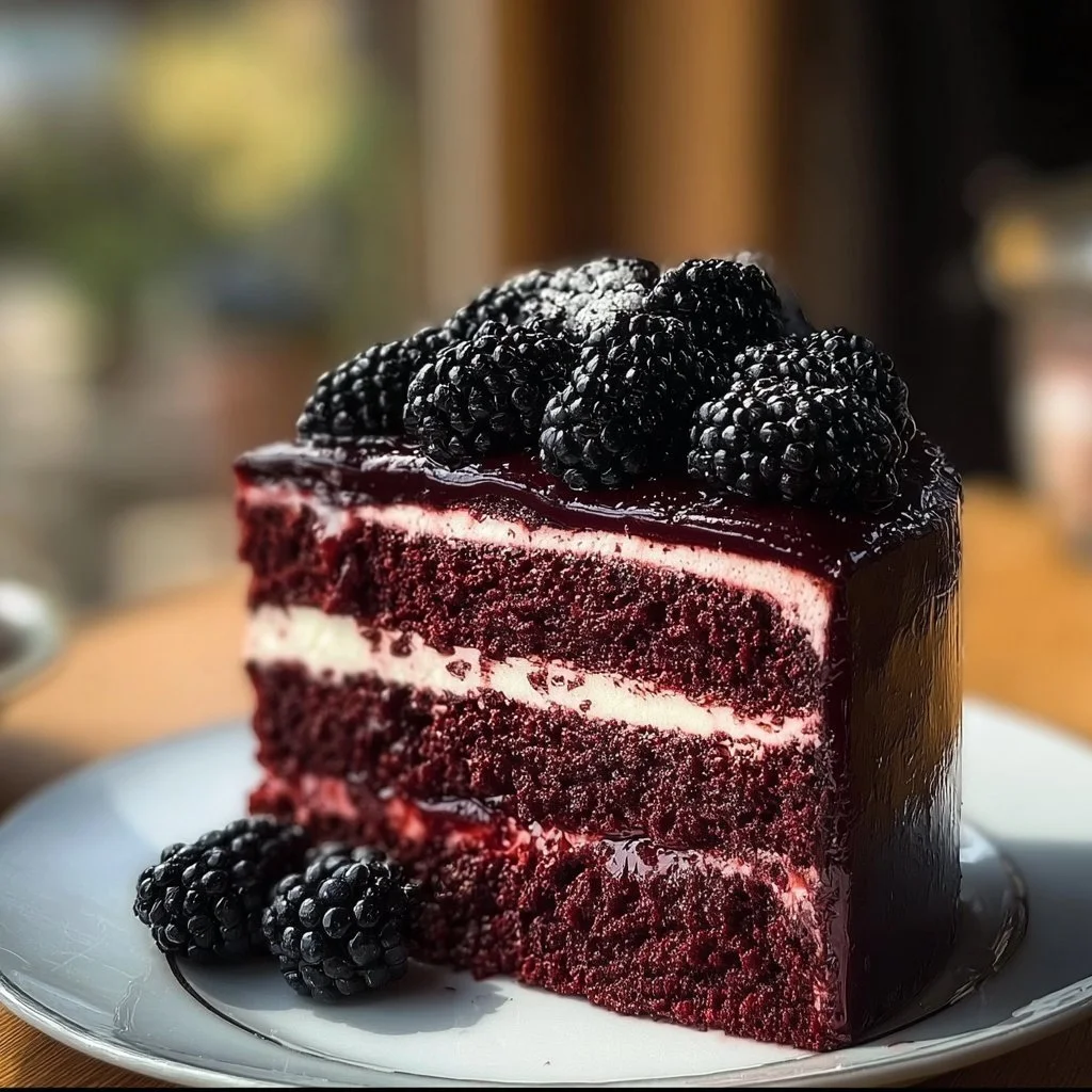 Decadent blackberry velvet gothic cake with rich layers and vibrant color