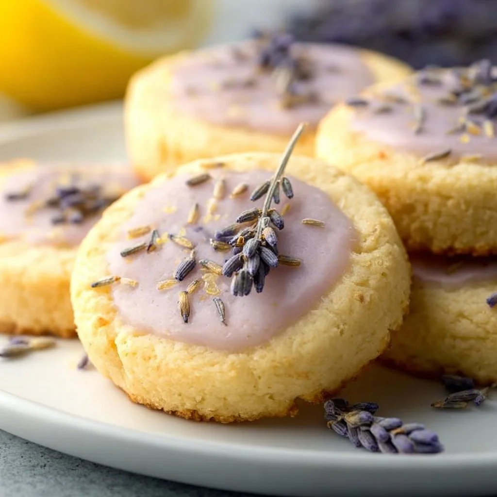 A plate of delicious lemon lavender cookies with a sprig of lavender