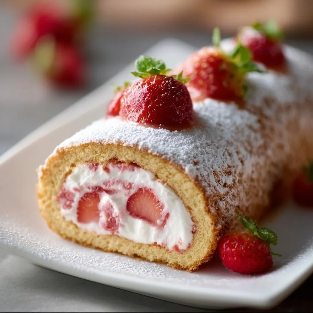 Delicious strawberry cake roll showcasing a soft sponge and fresh strawberries