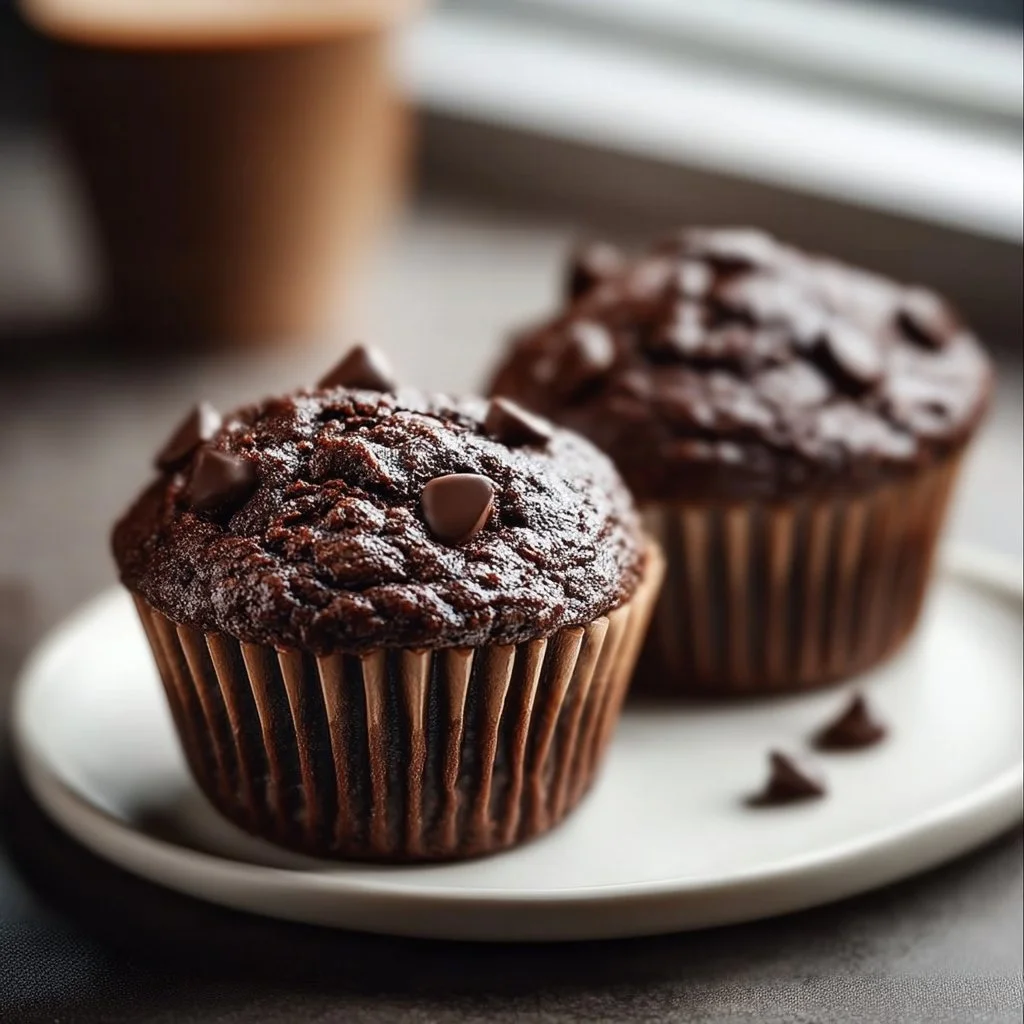 Freshly baked double chocolate espresso muffins stacked on a plate
