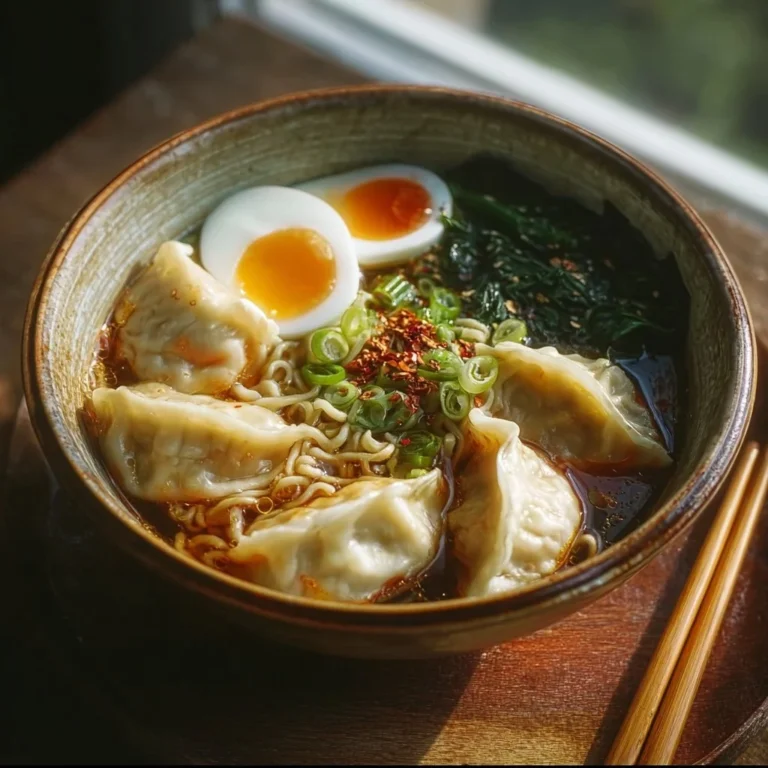 Delicious dumpling ramen bowl with savory broth and dumplings