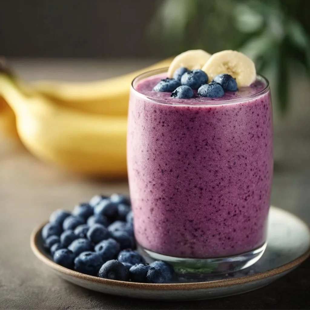 Delicious easy blueberry banana smoothie in a glass