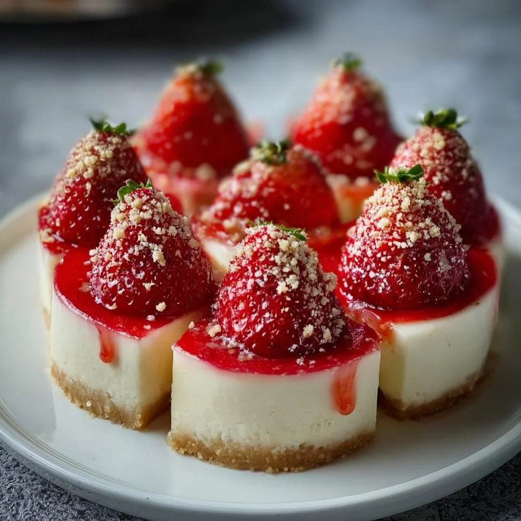Easy cheesecake deviled strawberries topped with whipped cream and mint leaves.