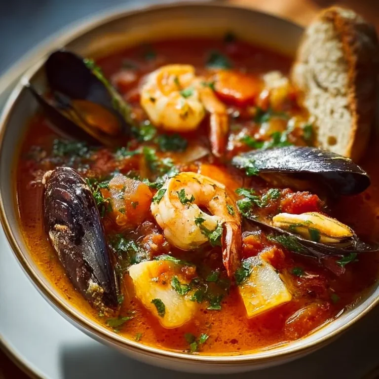 Bowl of easy cioppino seafood stew with fresh ingredients and spices