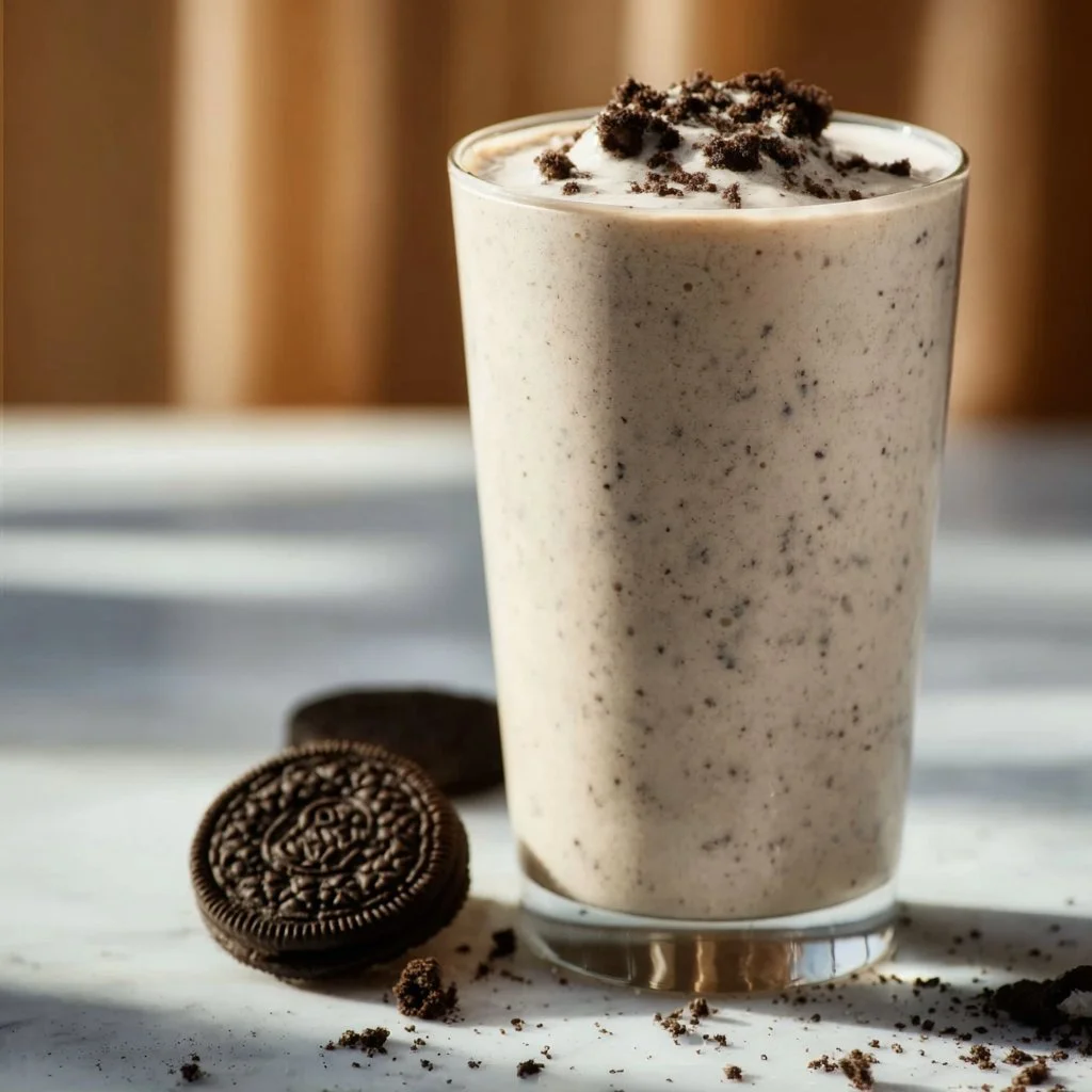 Delicious cookies and cream protein shake in a glass with whipped cream topping