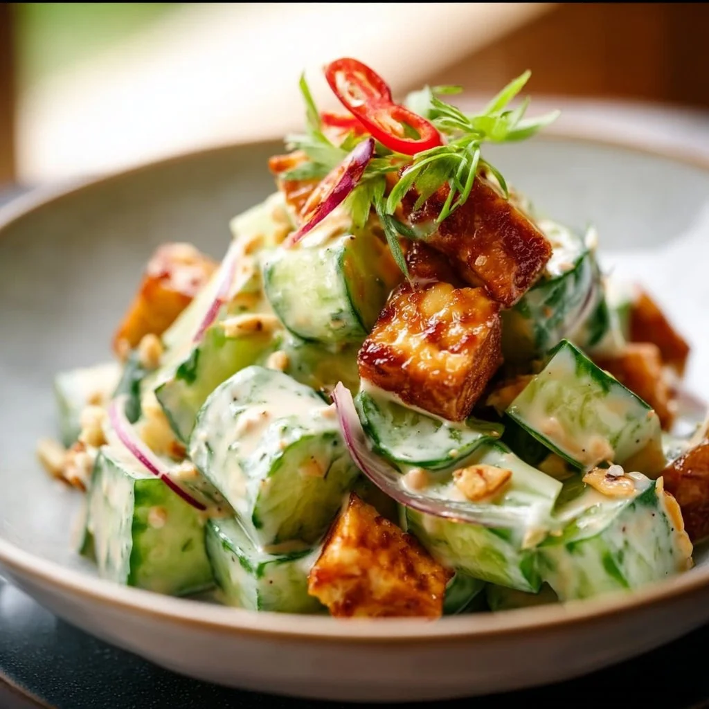 Easy Creamy Asian Cucumber Salad topped with crispy tofu and colorful vegetables