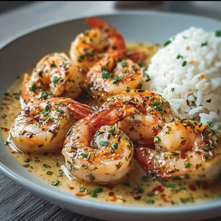 Delicious easy creamy garlic shrimp served with pasta and herbs