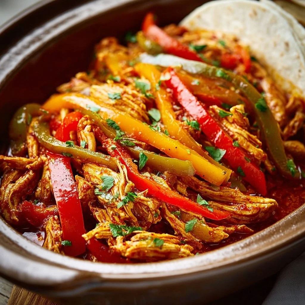 Easy crockpot chicken fajitas with colorful peppers and onions