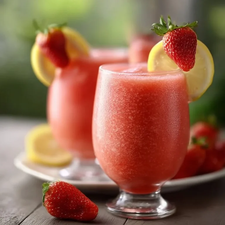 A refreshing glass of easy frozen strawberry lemonade with strawberries