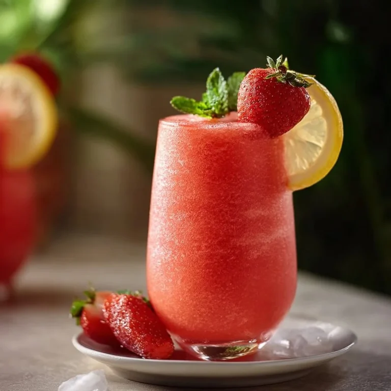 Easy frozen strawberry lemonade served in a glass with fresh strawberries
