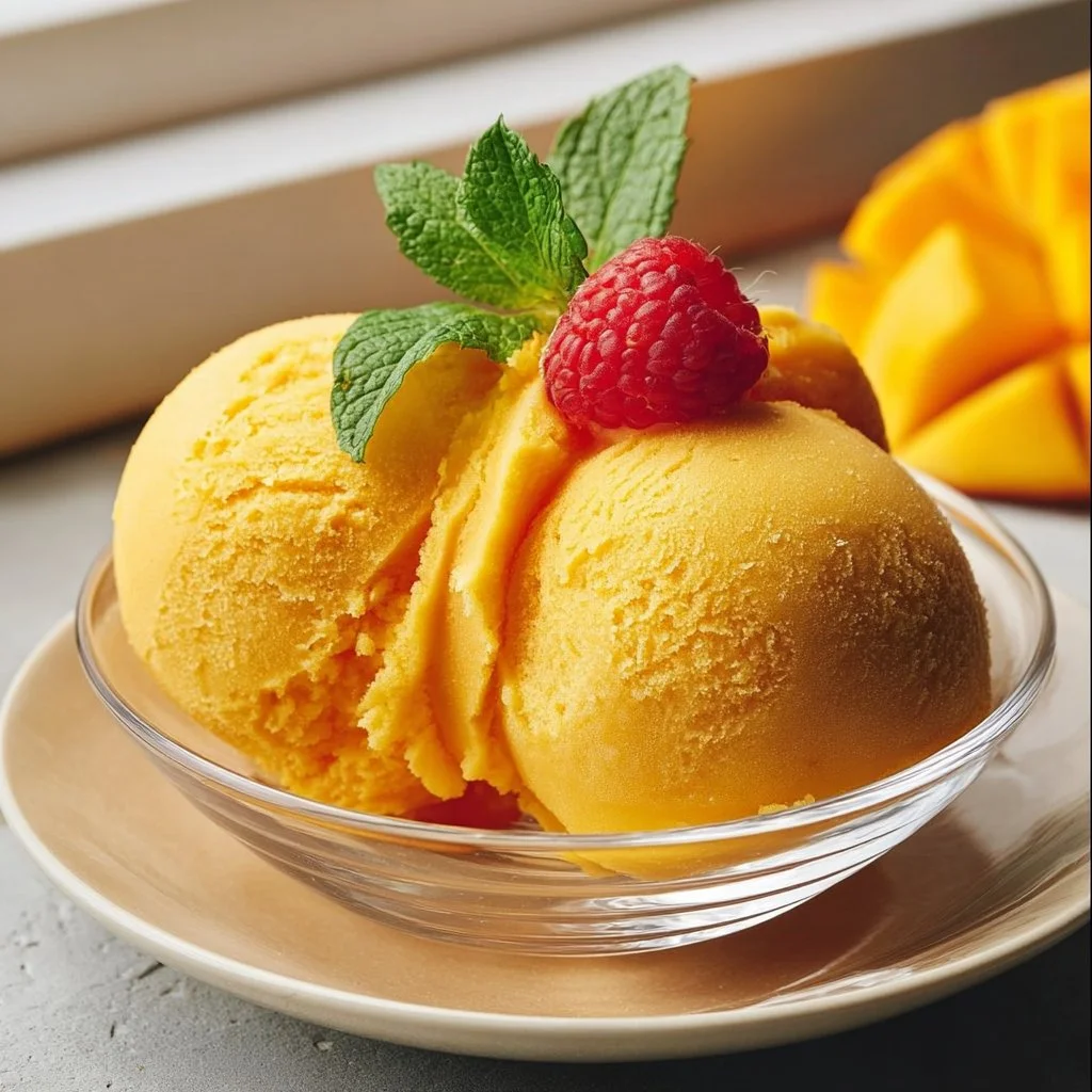 Bowl of homemade mango sorbet served with fresh mango slices