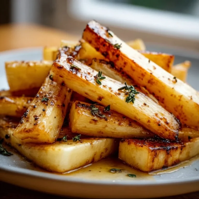 Delicious maple roasted parsnips garnished and ready to serve