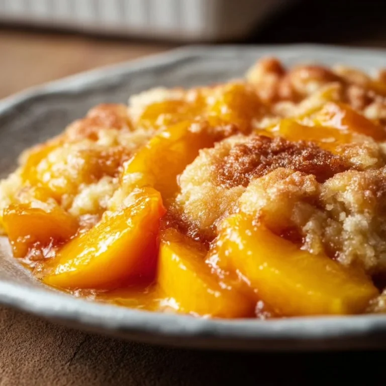 Delicious easy peach cobbler made with canned peaches served in a dish