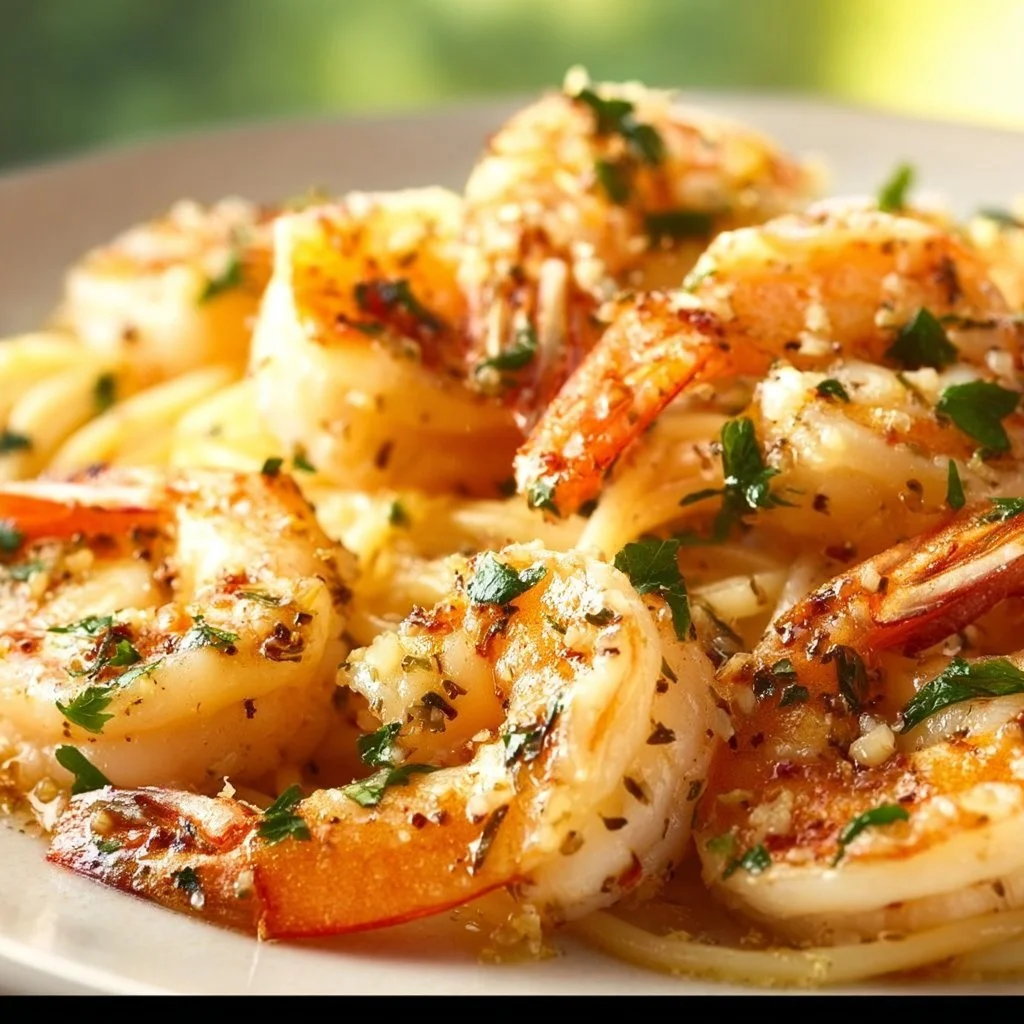 Easy shrimp scampi dish served with pasta and garnished with parsley.