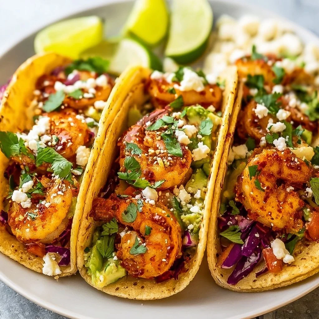 Easy shrimp tacos on a plate with fresh toppings and lime wedges