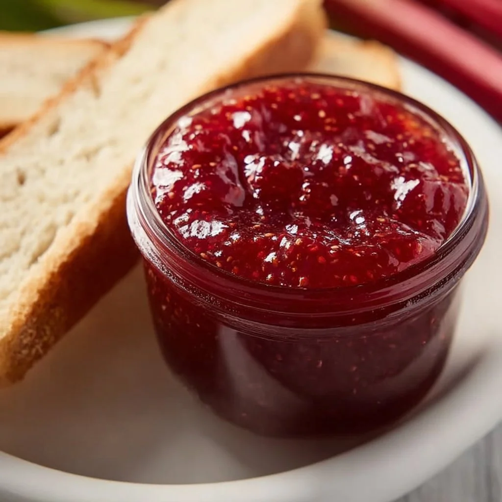 Jar of homemade easy strawberry rhubarb jam on a wooden table