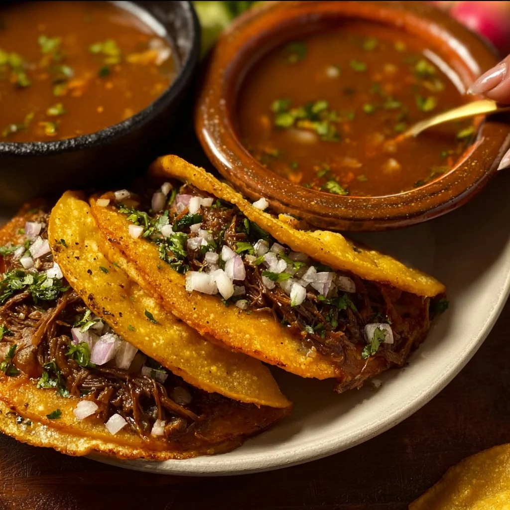 Delicious favorite birria tacos with rich flavors and tender meat