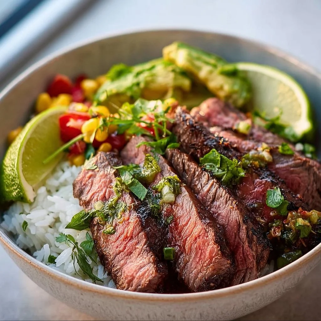 Delicious flank steak bowl with fresh vegetables and rice for a hearty meal.