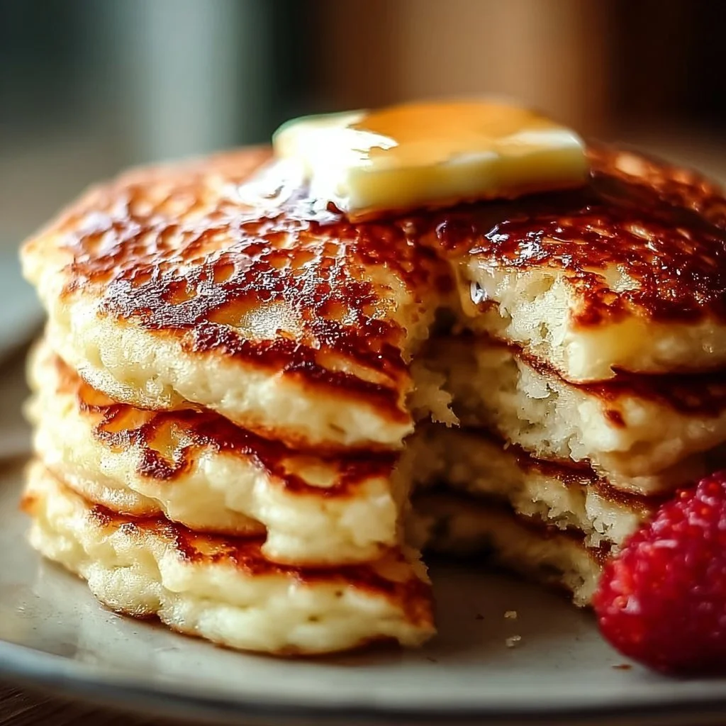 Flourless cottage cheese pancakes served with fresh berries and syrup