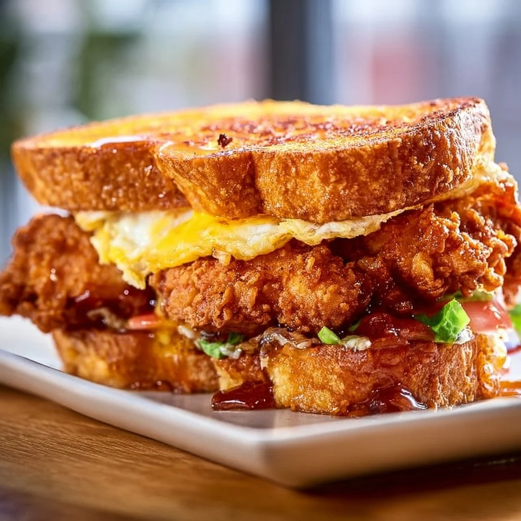 Delicious French toast fried chicken sandwich with syrup and toppings