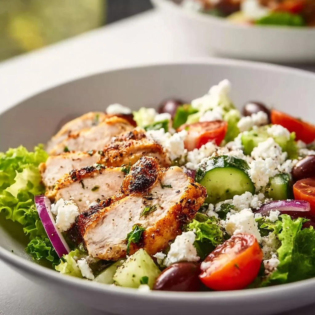 Fresh Greek salad with chicken, vegetables, and feta cheese in a bowl.