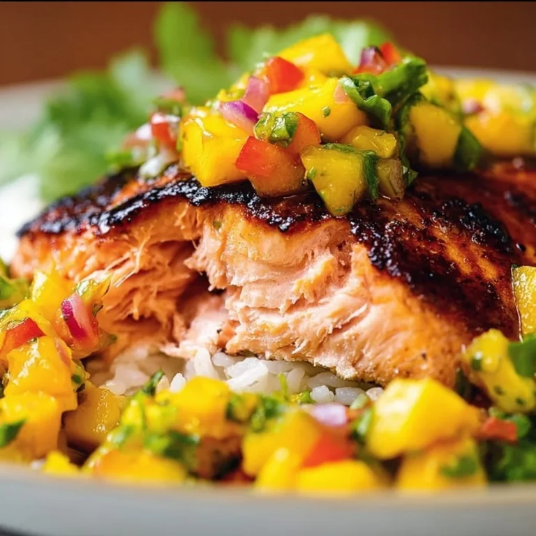 Plate of fresh salmon fillet topped with mango salsa