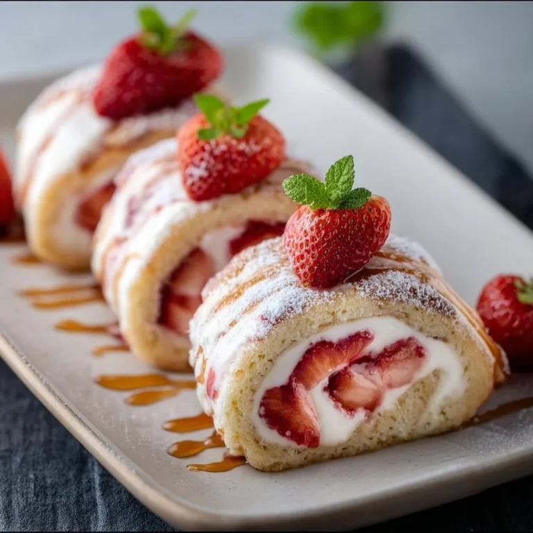 Fresh strawberry rolls drizzled with cream and garnished with mint leaves