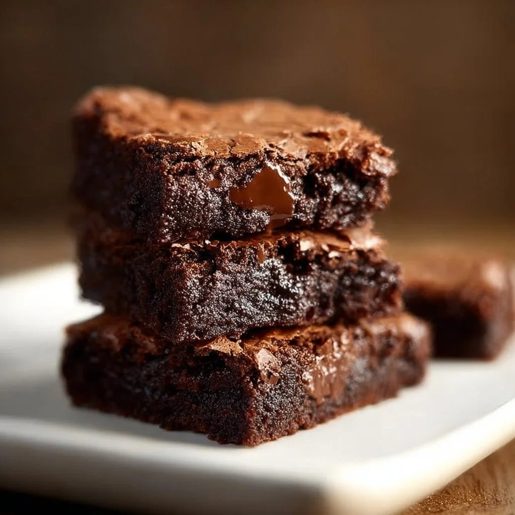 Fudgy triple chocolate brownies on a plate, topped with chocolate drizzles.