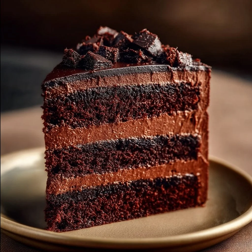 Fudgy Triple Layer Brownie Cake topped with chocolate ganache and decorative sprinkles
