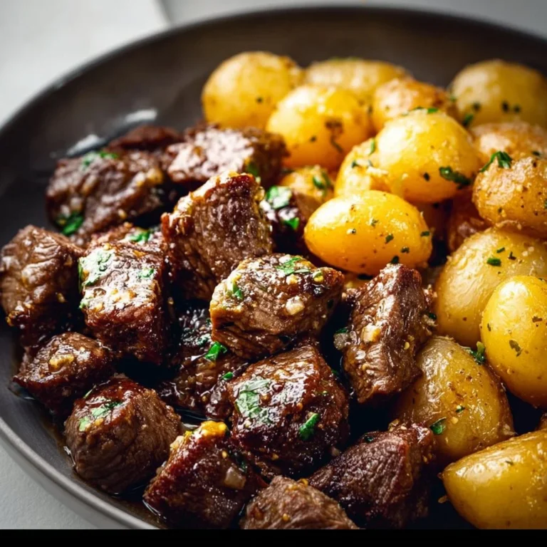 Garlic Butter Beef Bites served with golden roasted potatoes