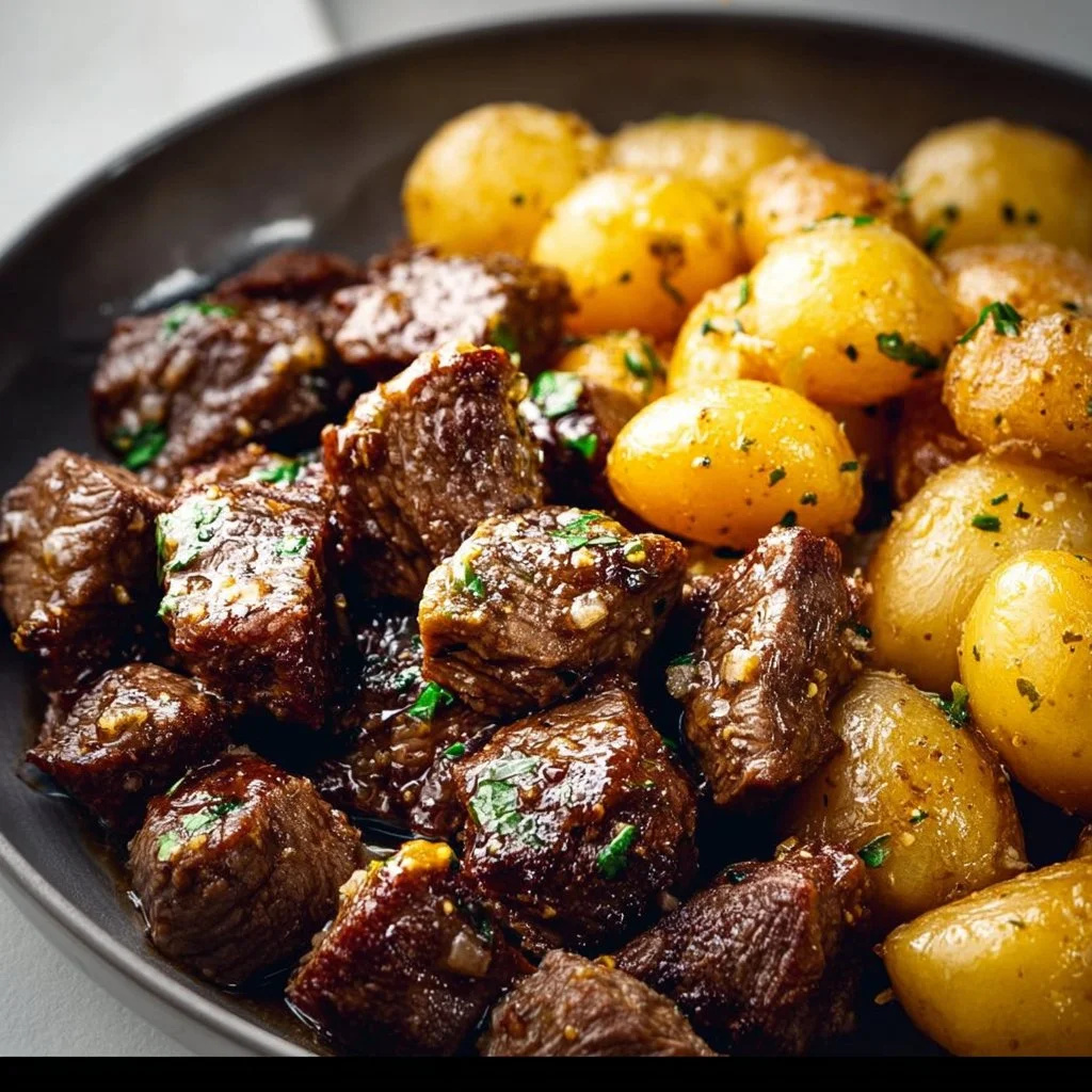 Garlic Butter Beef Bites served with golden roasted potatoes