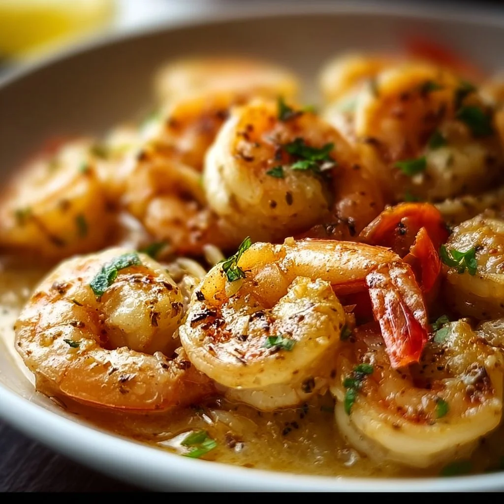 Plate of Garlic Butter Shrimp garnished with parsley and lemon