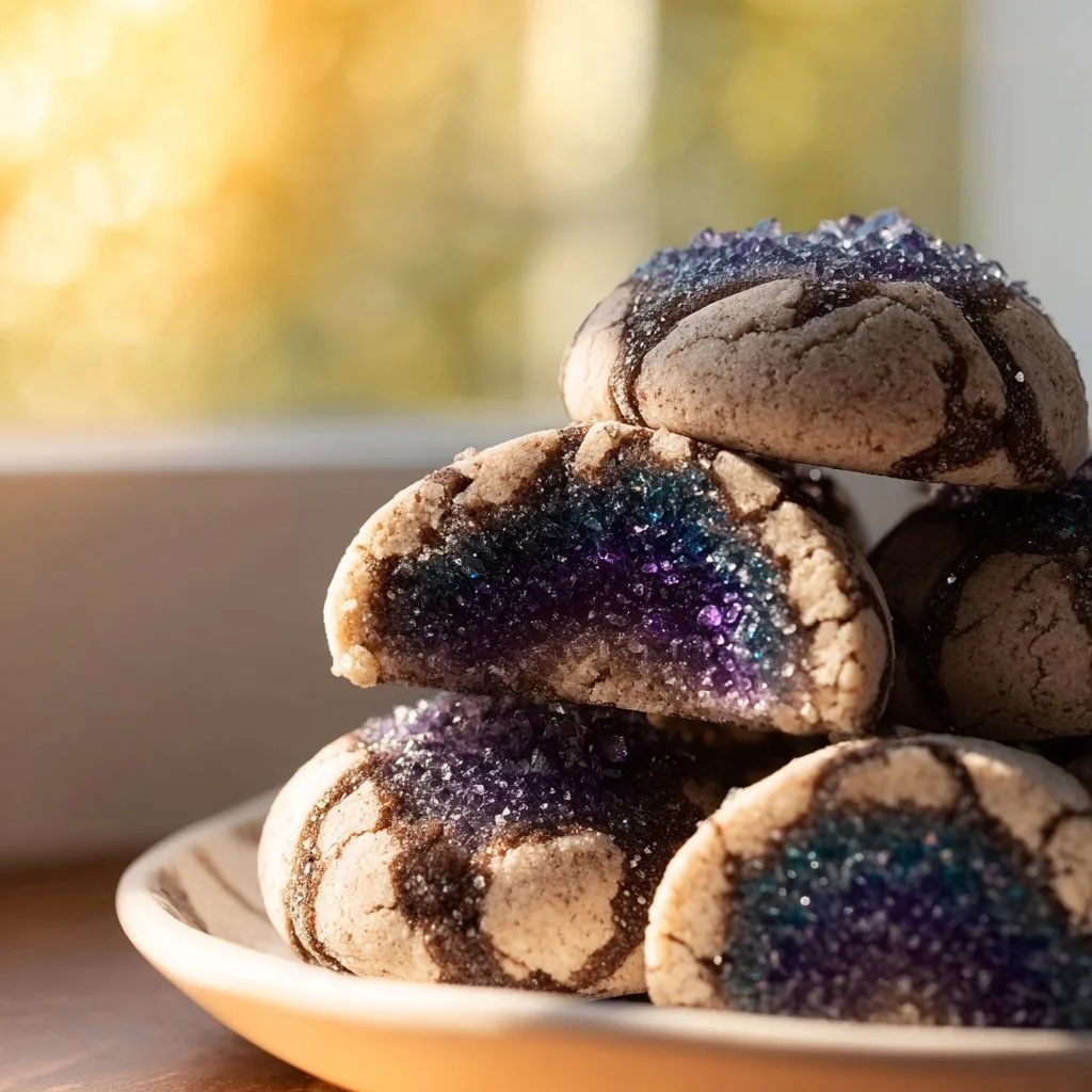 Beautifully decorated Geode Cookies resembling real geodes with colorful sugar crystals
