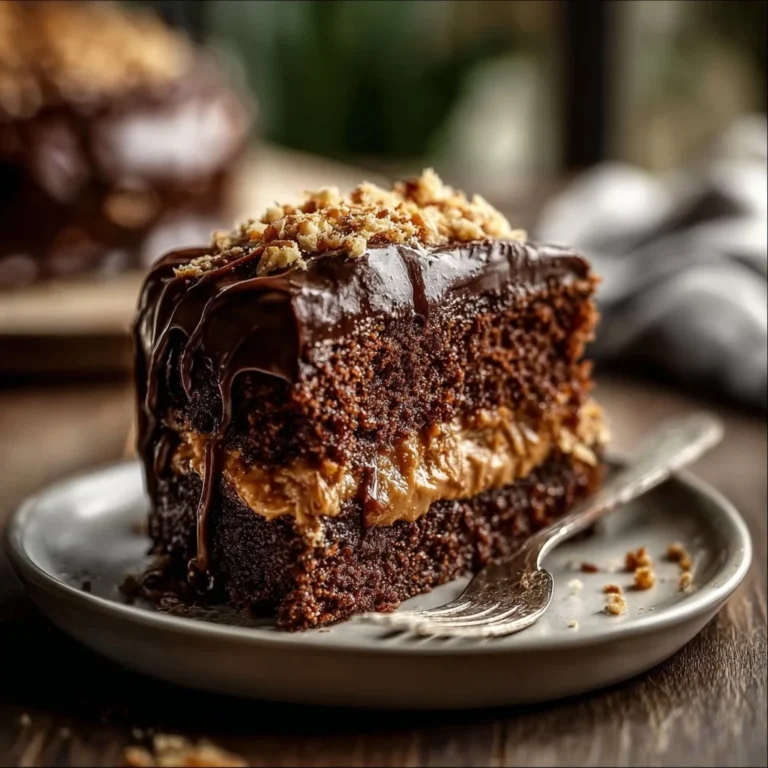 Slice of homemade German Chocolate Cake topped with coconut and pecan frosting
