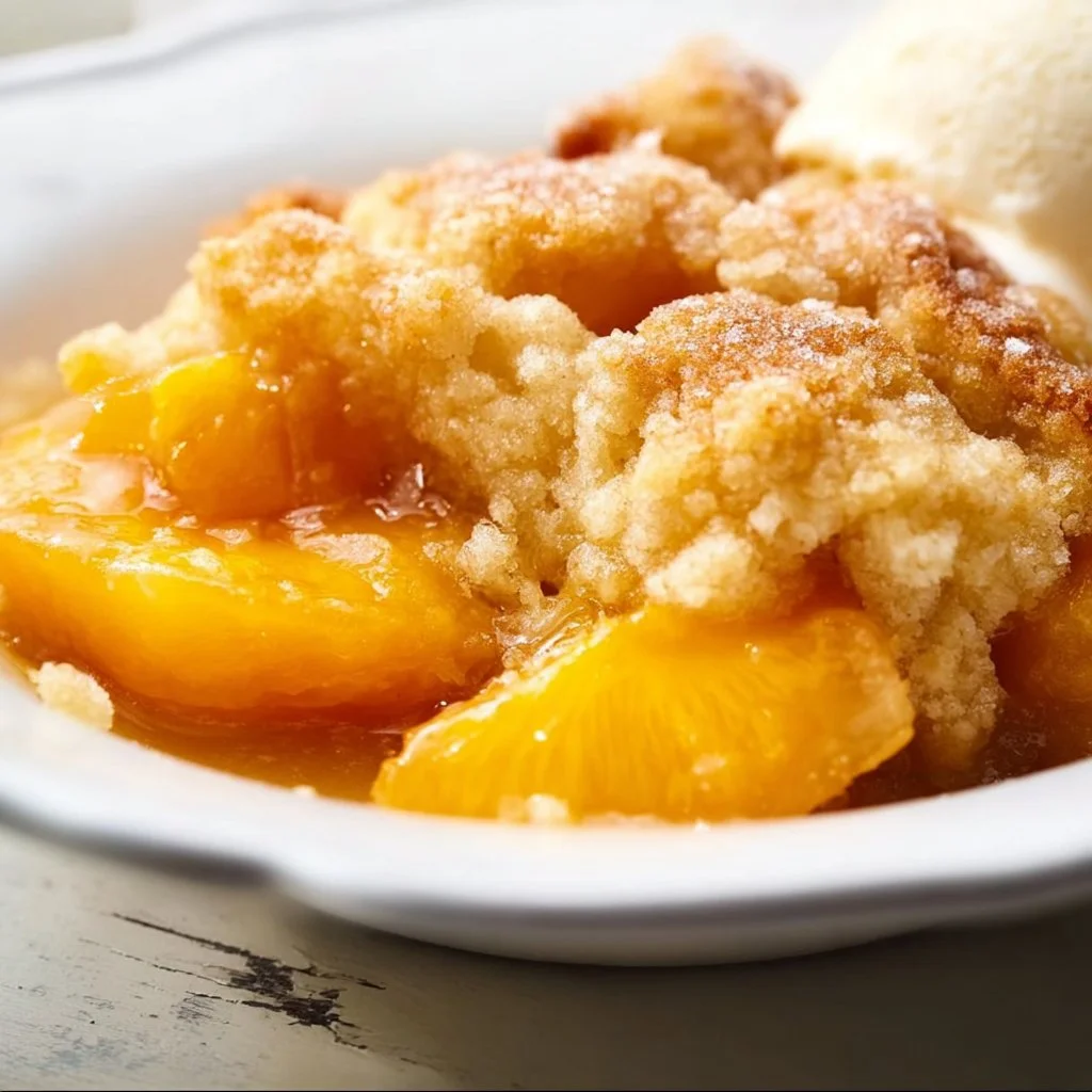 Delicious gluten-free peach cobbler served in a dish with peaches and crust