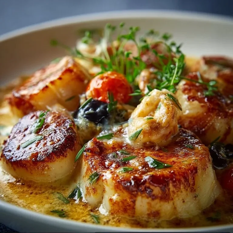 Gourmet seafood cassolette dish with shrimp, scallops, and creamy sauce.