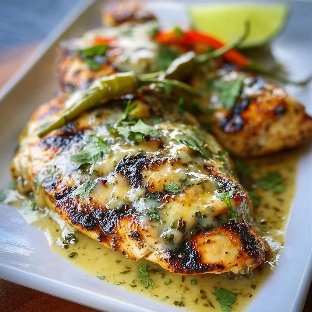Grilled Salsa Verde Chicken with melted Pepper Jack cheese on a plate
