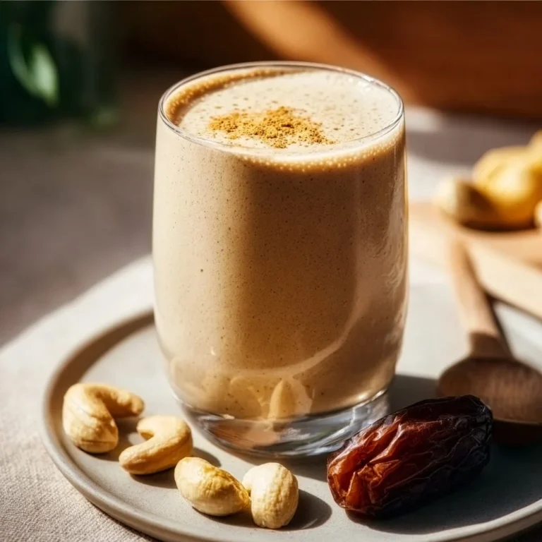 A creamy cashew date shake topped with nuts and dates, promoting gut health.