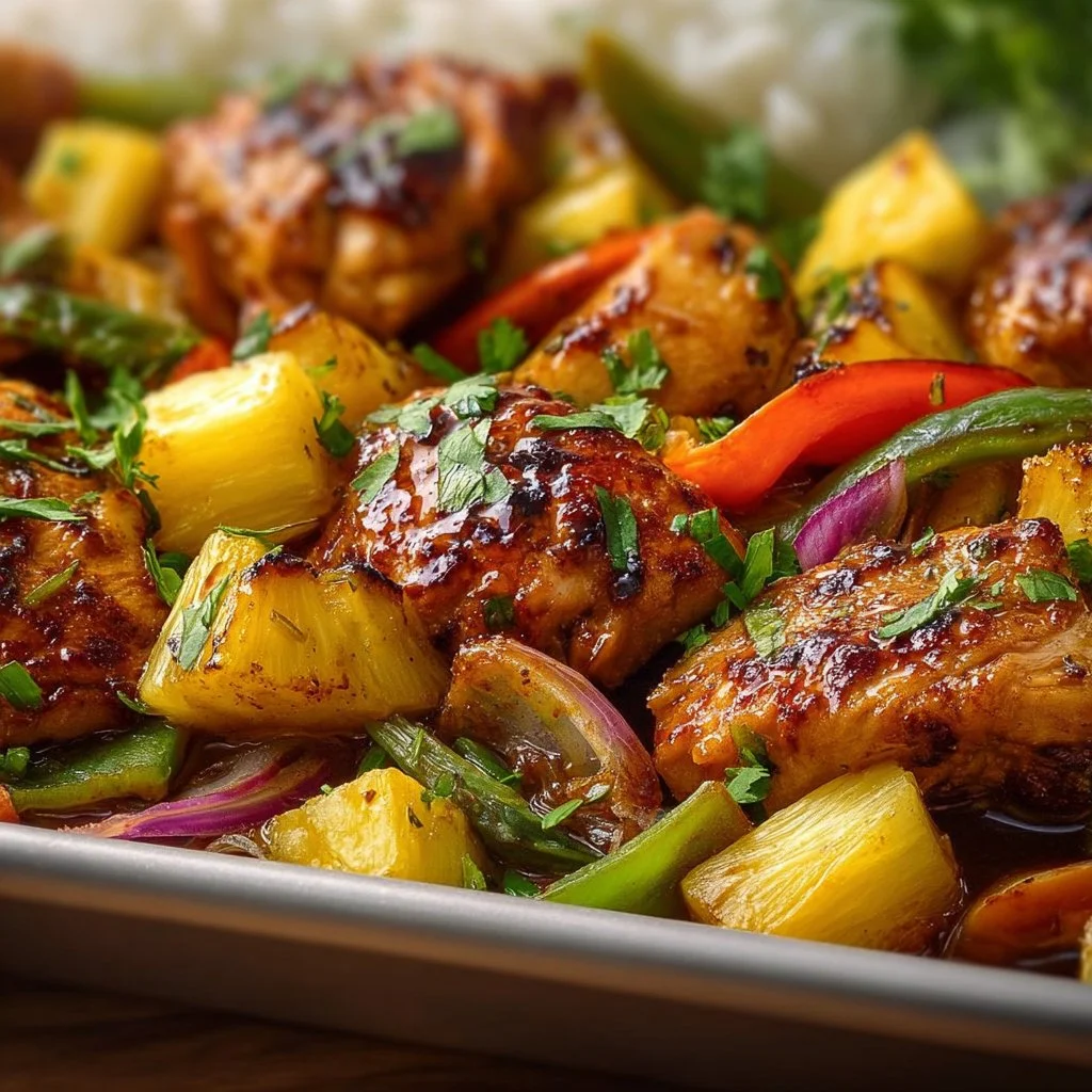 Hawaiian Chicken Sheet Pan with vibrant vegetables and pineapple glaze